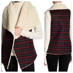 Ruy Fly Away Chambray Plaid Faux Fur Long Vest Wool Red Black Cream,One Size,NEW